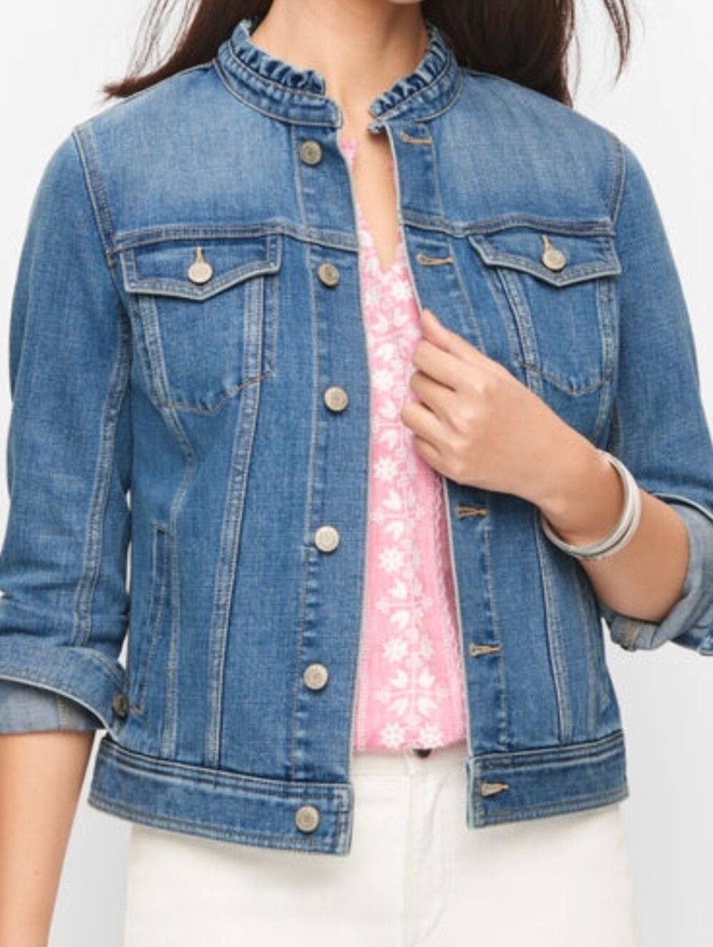 Talbots Light Blue Stretch Denim Jacket with Ruffled Collar